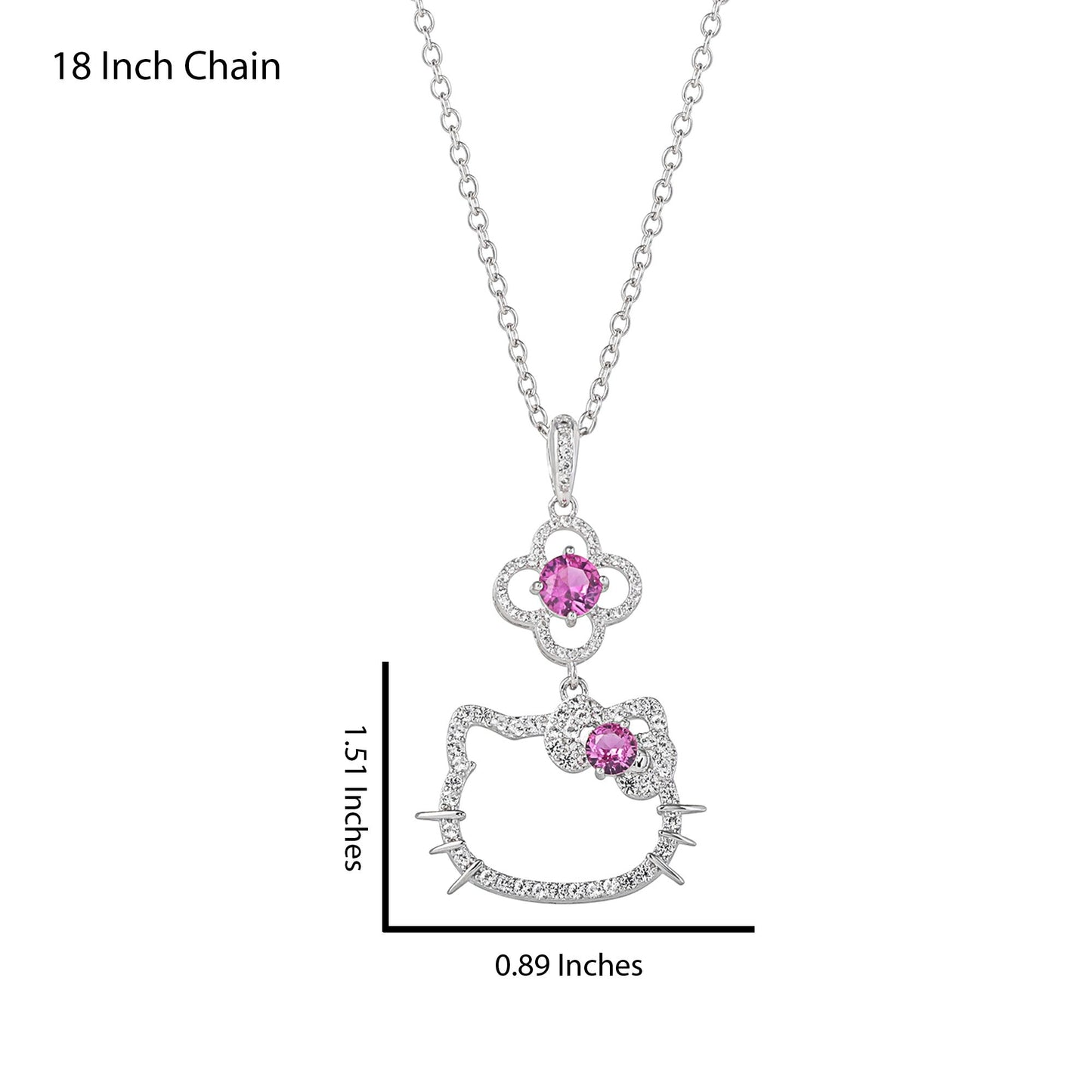 Hello Kitty 18" Quatrefoil Sterling Silver Pendant Necklace (Pink & White Sapphire)