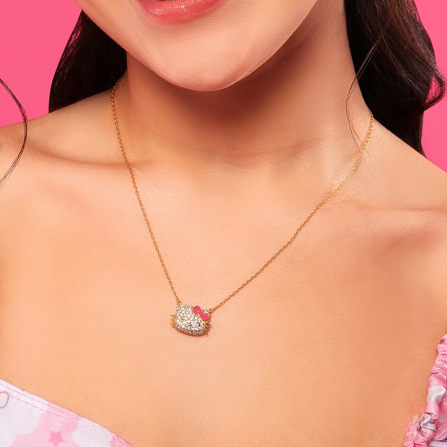 Hello Kitty 18” Gold Plated Face Pave 3D Necklace
