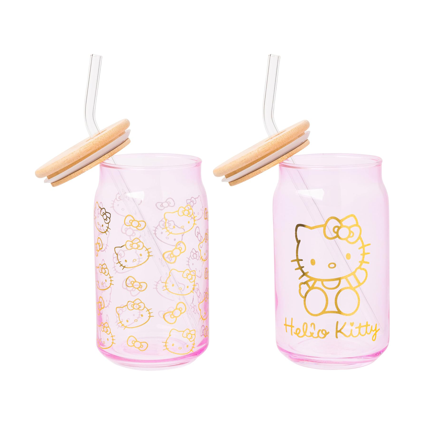 Hello Kitty Pink Glass Jar Tumblers with Bamboo Lid (Set of 2)