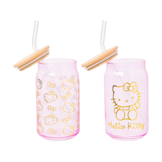 Hello Kitty Pink Glass Jar Tumblers with Bamboo Lid (Set of 2)