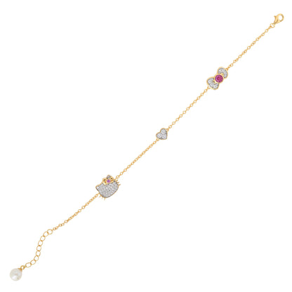 Hello Kitty Two-Tone Gold Plated Icons Bracelet (Pink & White Sapphire)