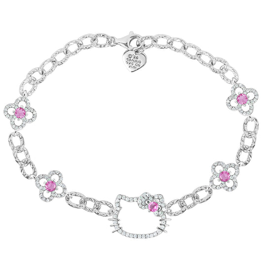 Hello Kitty Quatrefoil Sterling Silver Bracelet (Pink & White Sapphire)