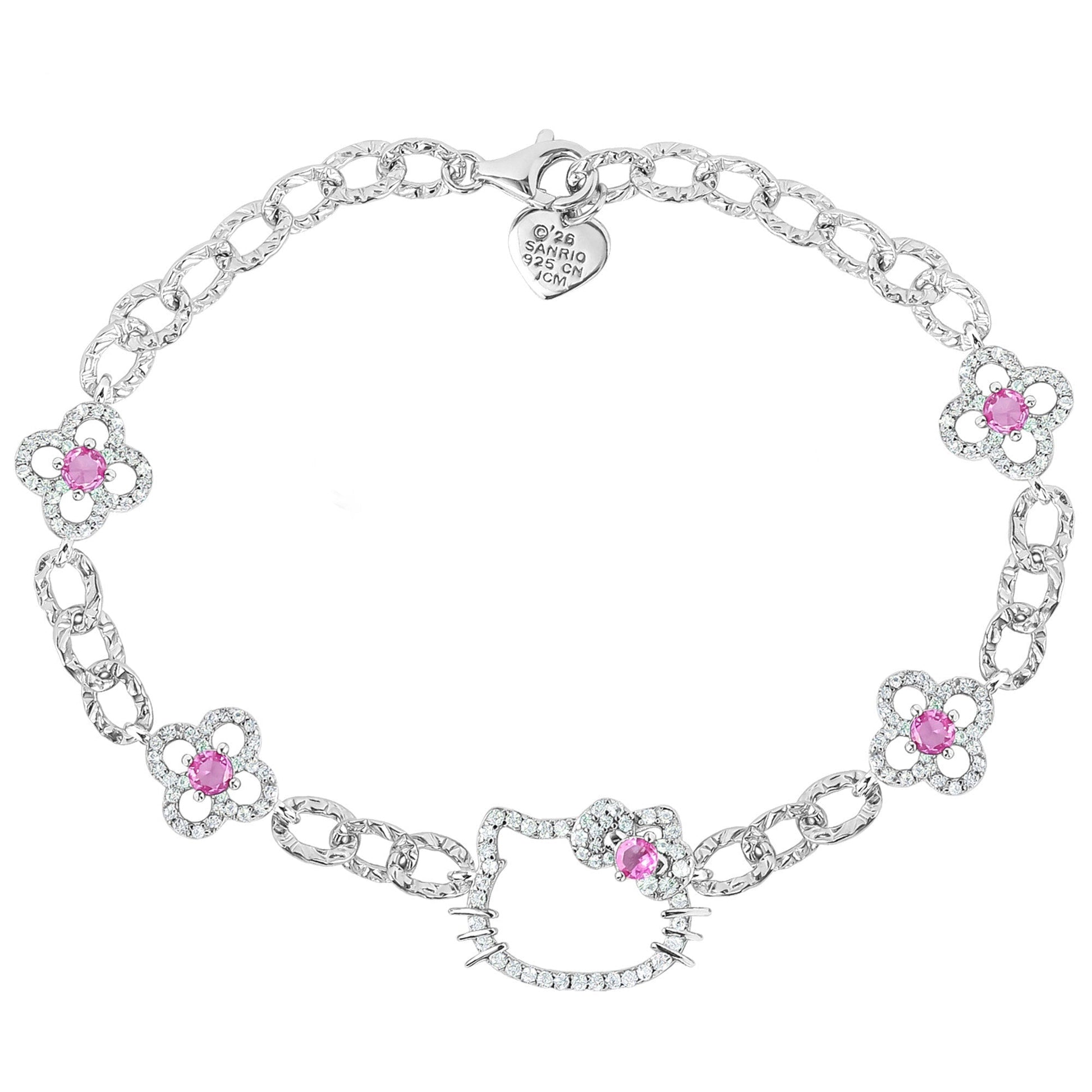 Hello Kitty Quatrefoil Sterling Silver Bracelet (Pink & White Sapphire)