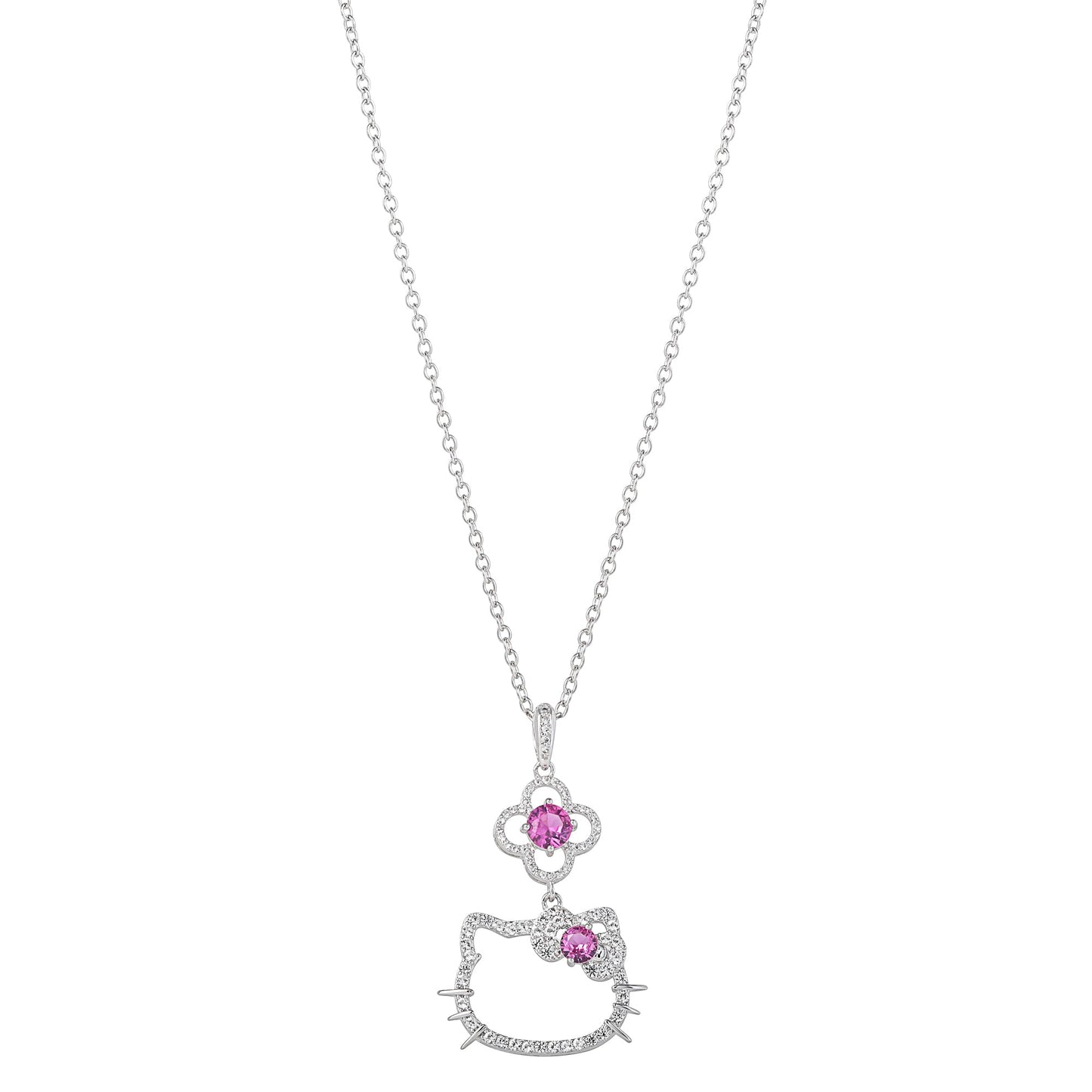 Hello Kitty 18" Quatrefoil Sterling Silver Pendant Necklace (Pink & White Sapphire)