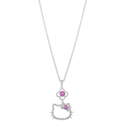 Hello Kitty 18" Quatrefoil Sterling Silver Pendant Necklace (Pink & White Sapphire)