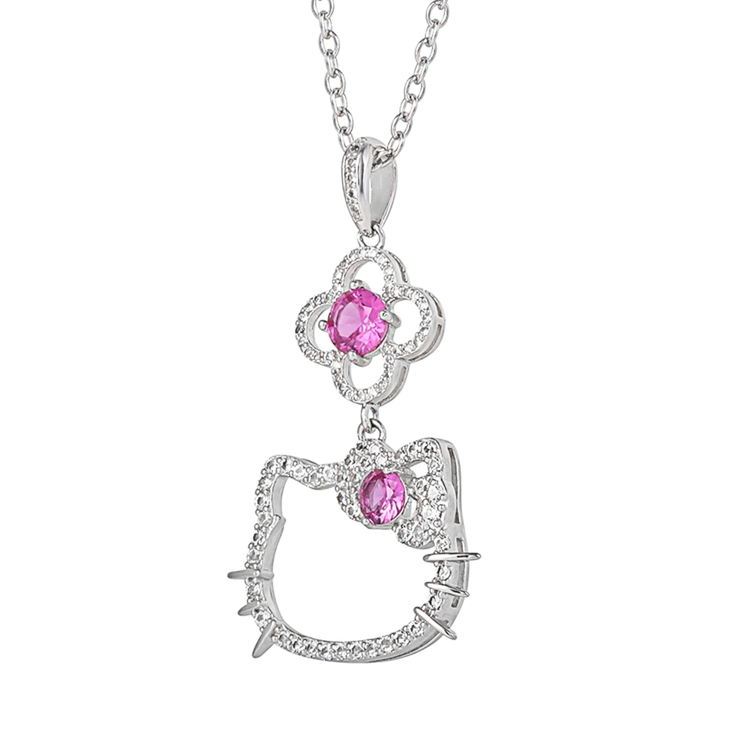 Hello Kitty 18" Quatrefoil Sterling Silver Pendant Necklace (Pink & White Sapphire)