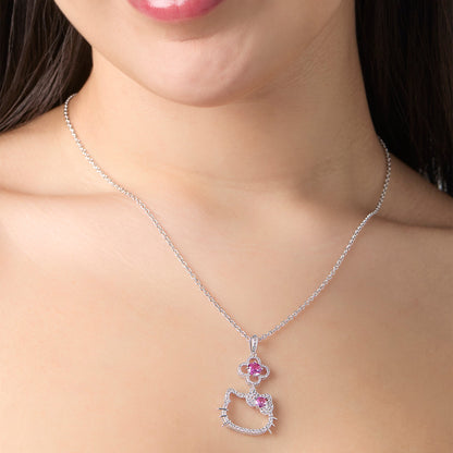 Hello Kitty 18" Quatrefoil Sterling Silver Pendant Necklace (Pink & White Sapphire)