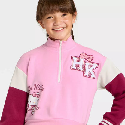 Hello Kitty Girls Quarter-Zip Fleece Varsity Sweatshirt