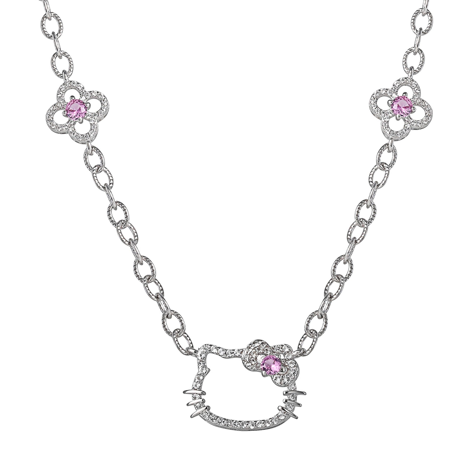 Hello Kitty 18" Quatrefoil Sterling Silver Drop Necklace (Pink & White Sapphire)