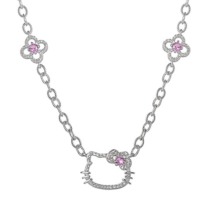 Hello Kitty 18" Quatrefoil Sterling Silver Drop Necklace (Pink & White Sapphire)