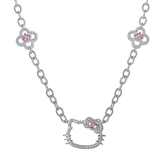 Hello Kitty 18" Quatrefoil Sterling Silver Drop Necklace (Pink & White Sapphire)