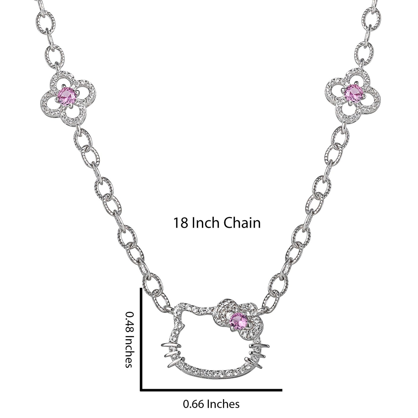 Hello Kitty 18" Quatrefoil Sterling Silver Drop Necklace (Pink & White Sapphire)