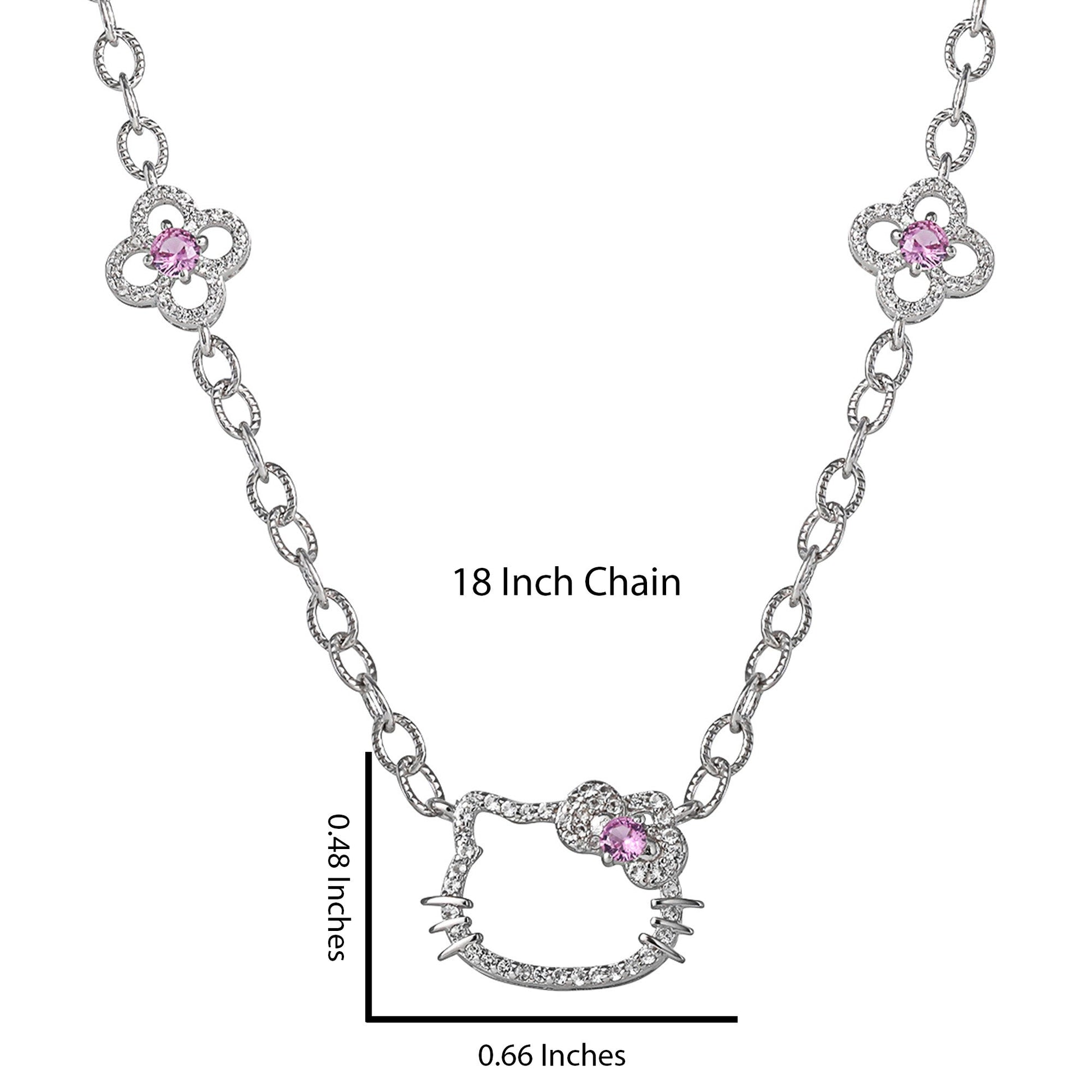 Hello Kitty 18" Quatrefoil Sterling Silver Drop Necklace (Pink & White Sapphire)