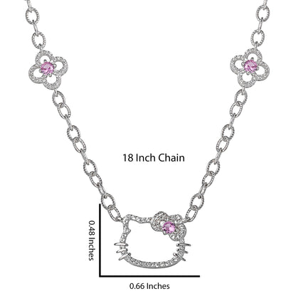 Hello Kitty 18" Quatrefoil Sterling Silver Drop Necklace (Pink & White Sapphire)