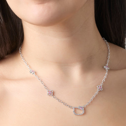 Hello Kitty 18" Quatrefoil Sterling Silver Drop Necklace (Pink & White Sapphire)