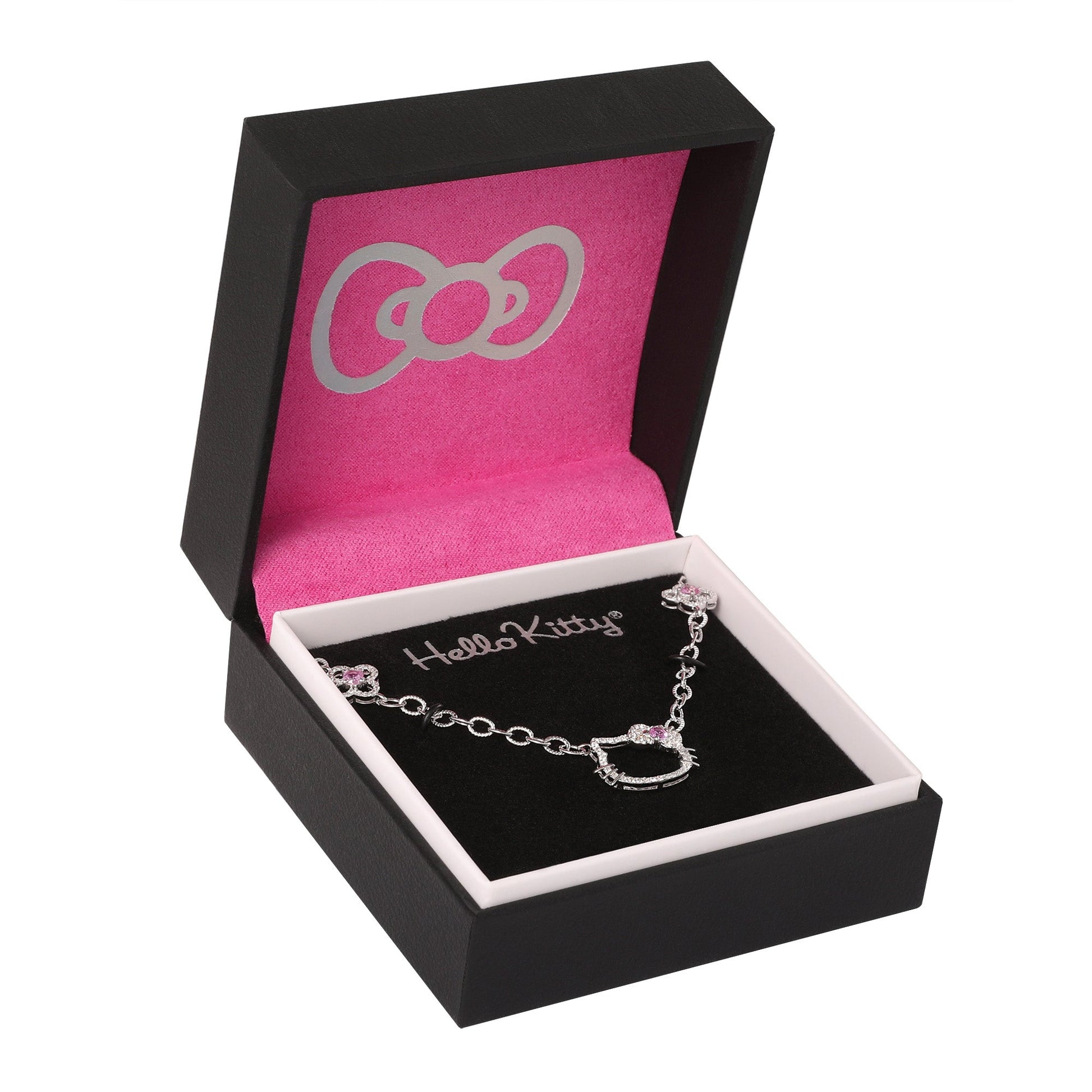 Hello Kitty 18" Quatrefoil Sterling Silver Drop Necklace (Pink & White Sapphire)